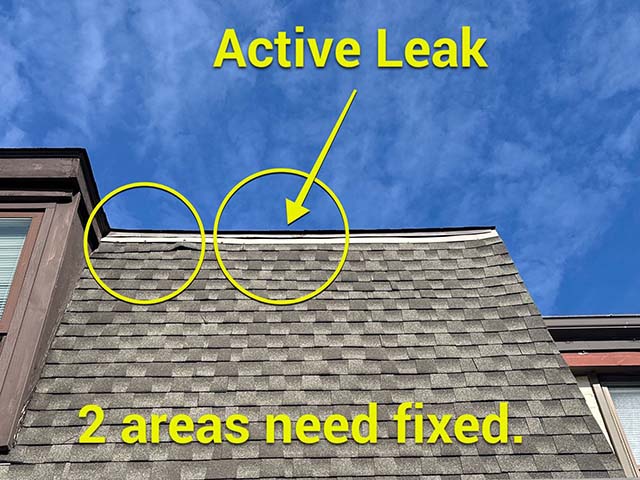 Active roof leak repair in Central Ohio showing two damaged areas requiring immediate attention