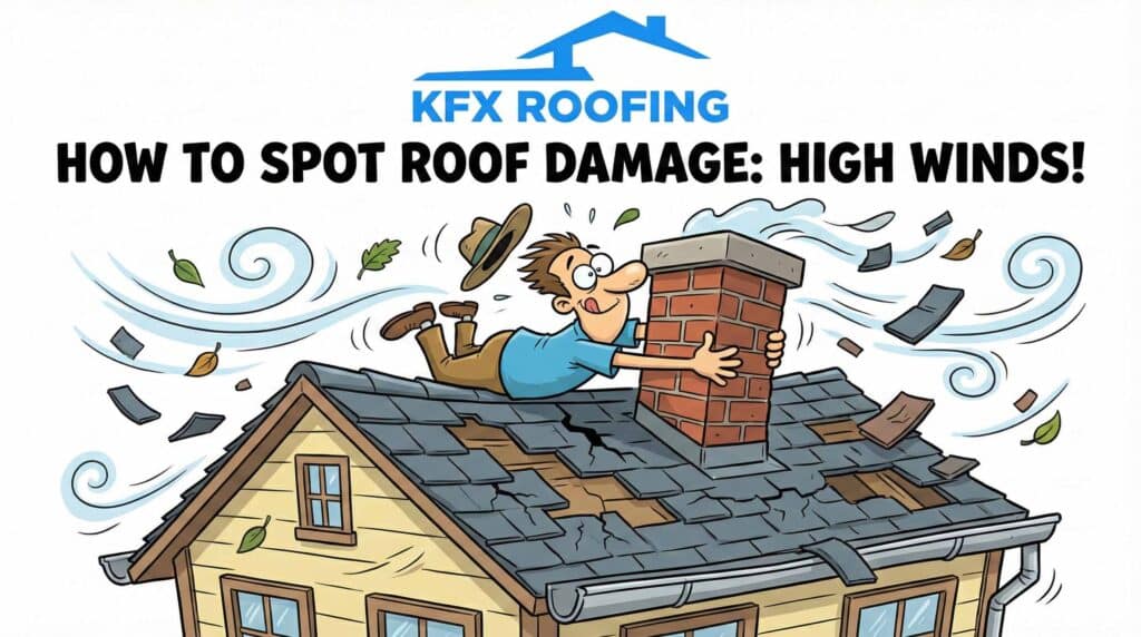 There are better ways to assess high wind damage than holding on to the chimney like this guy.