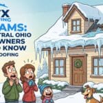 Cartoon featured image by KFX Roofing showing a snowy house with ice dams and a surprised family in Columbus, OH.