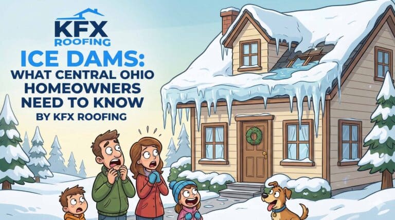 Cartoon featured image by KFX Roofing showing a snowy house with ice dams and a surprised family in Columbus, OH.