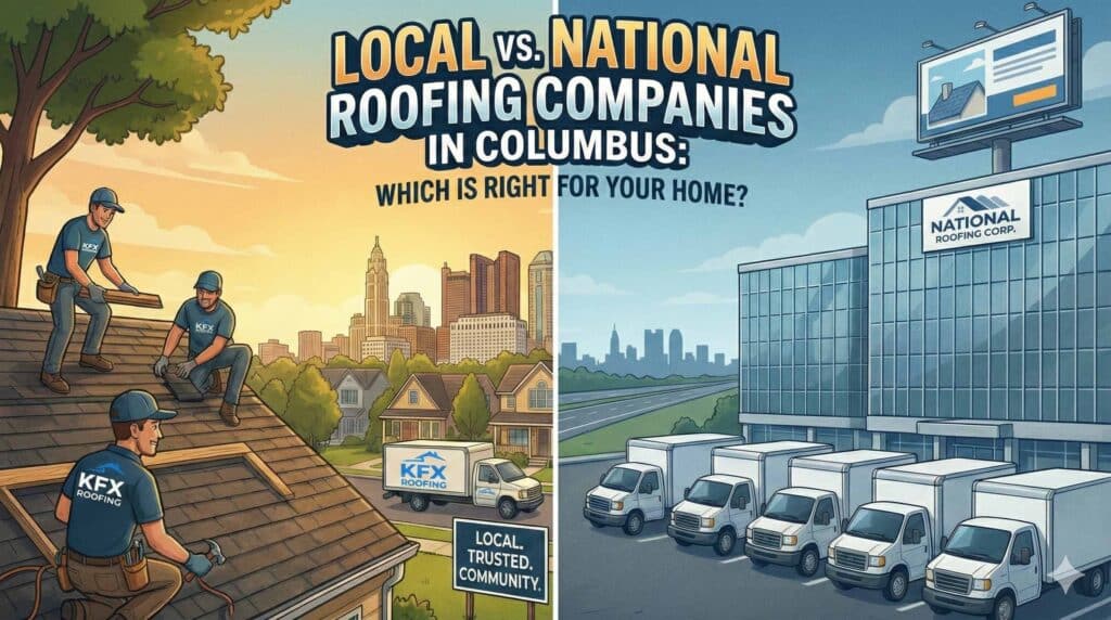 Roofing contractor shaking hands with homeowner in front of house