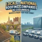 Roofing contractor shaking hands with homeowner in front of house