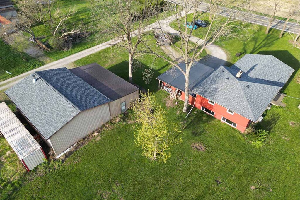 KFX Roofing has finished replacing asphalt and rubber roofs in Lancaster, Ohio. These are aerial shots taken from behind the property.