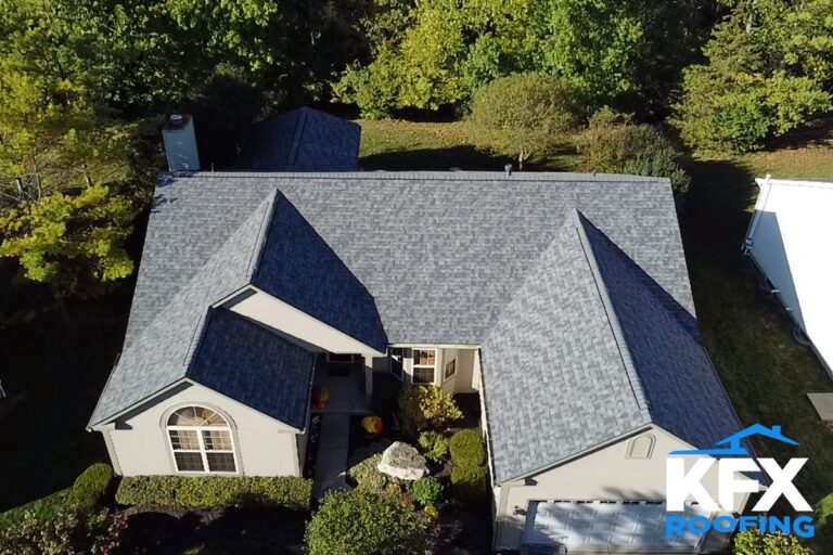 Aerial drone shot from a residential roof replacement with Owens Corning Duration Shingles