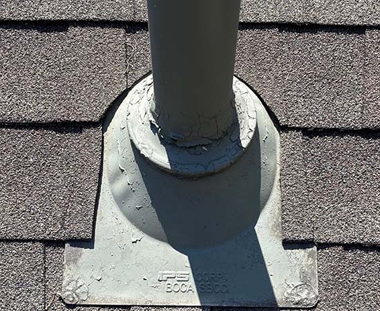 Pipe boot flashing that will be replaced because of the rubber gasket is deteriorating allowing water to leak in the home