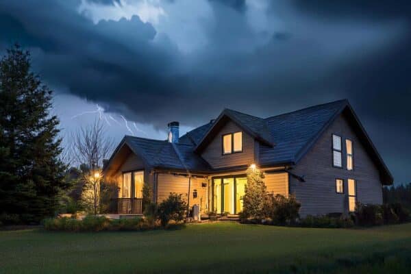 Thunderstorm moving into the area with lightning above a residential home